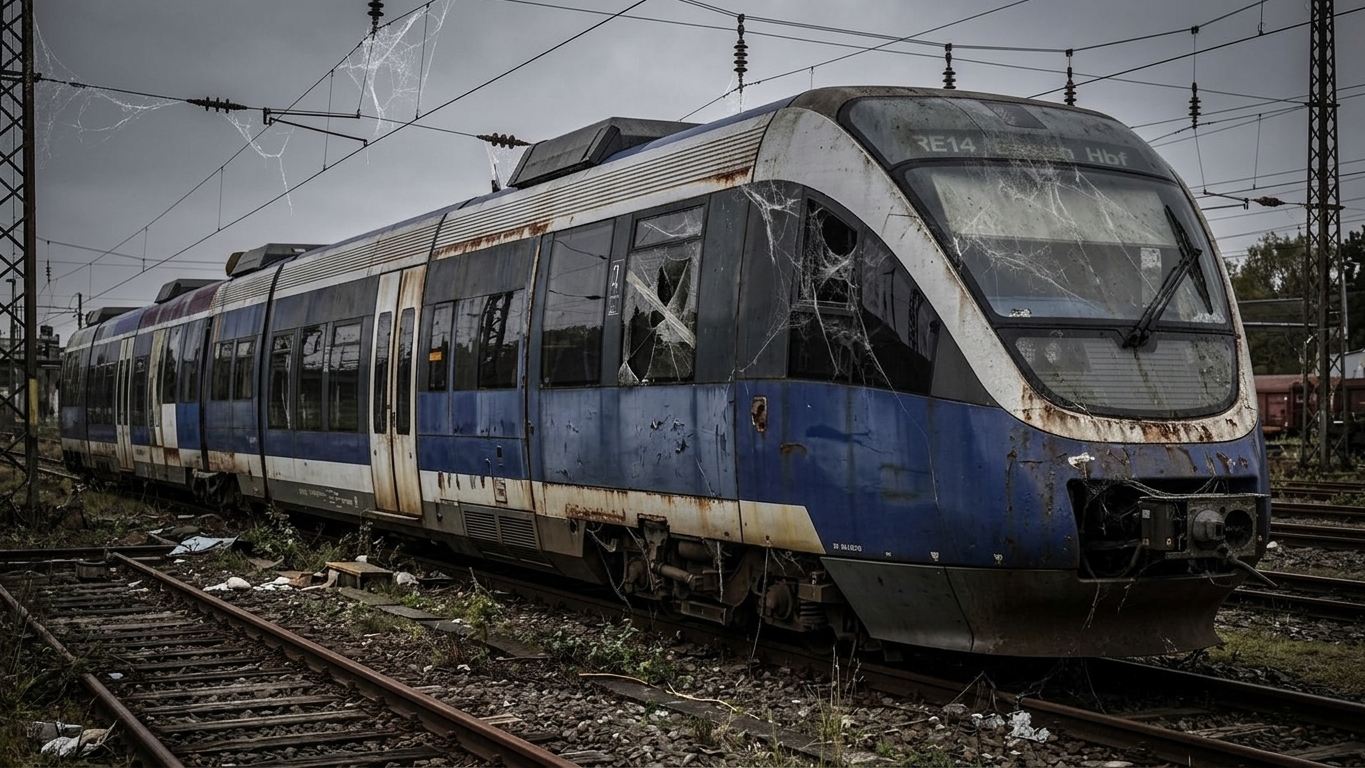 Ein verrosteter, stark beschädigter Zug der Rhein-Ruhr-Bahn (RE14) mit eingeschlagenen Scheiben steht verlassen auf einem Abstellgleis.