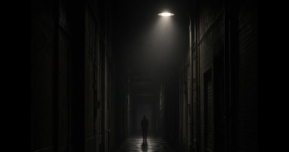 Eine dunkle, menschenleere Gasse bei Nacht, nur von einer einzelnen Straßenlaterne beleuchtet. Im Hintergrund steht die Silhouette einer einzelnen Person.