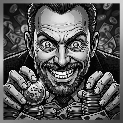 Symbolische Illustration: Ein grinsender Mann rafft gierig Geldmünzen und Scheine zusammen.